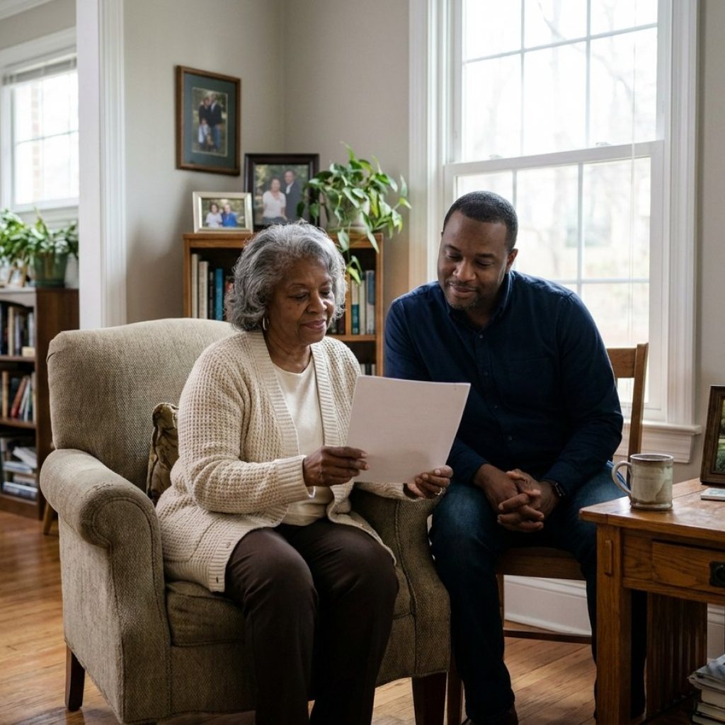 Adult son reviewing a document with mother