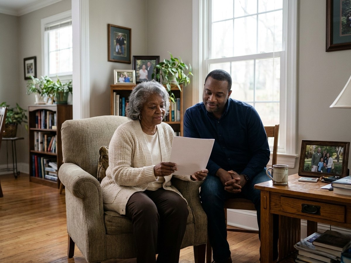 Adult son reviewing a document with mother