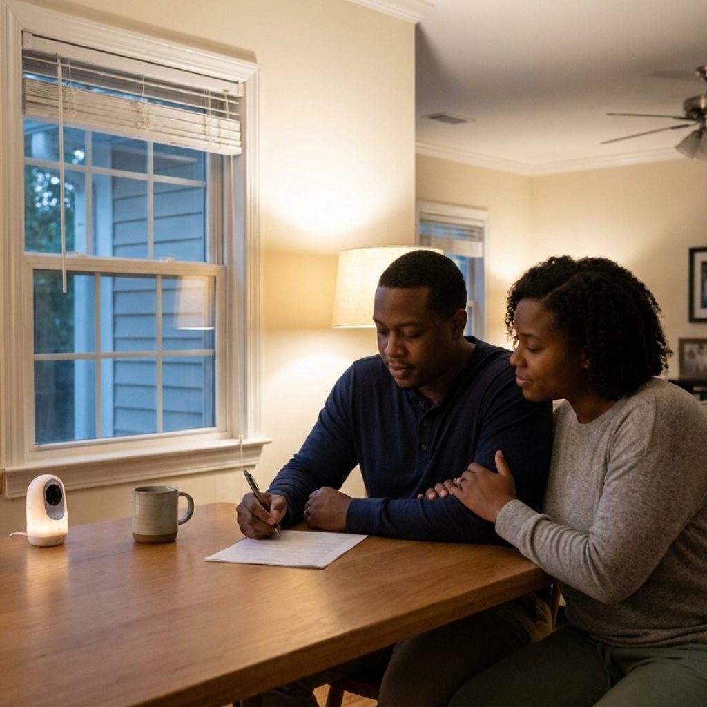 Young parents signing estate planning documents at home
