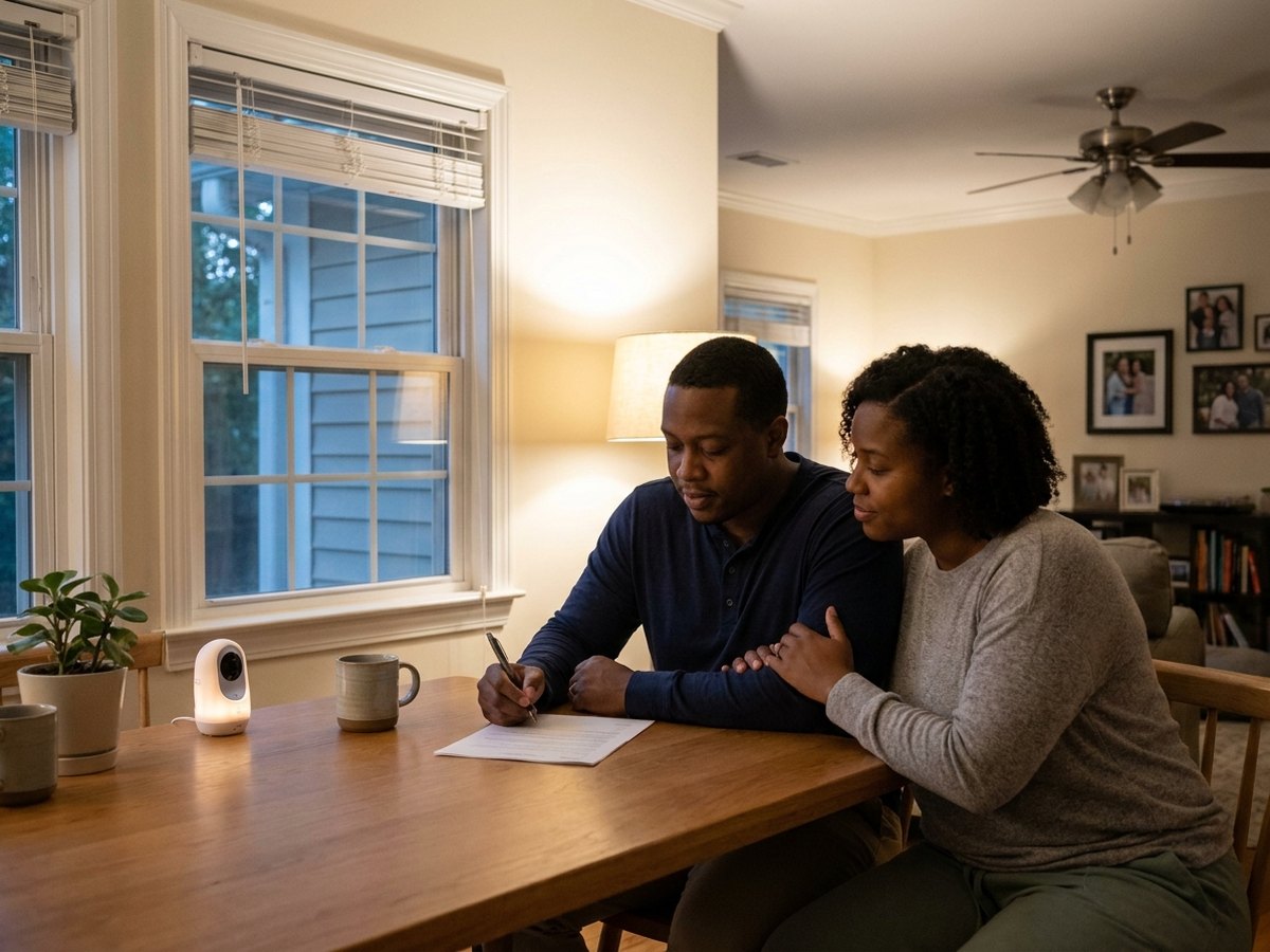 Young parents signing estate planning documents at home