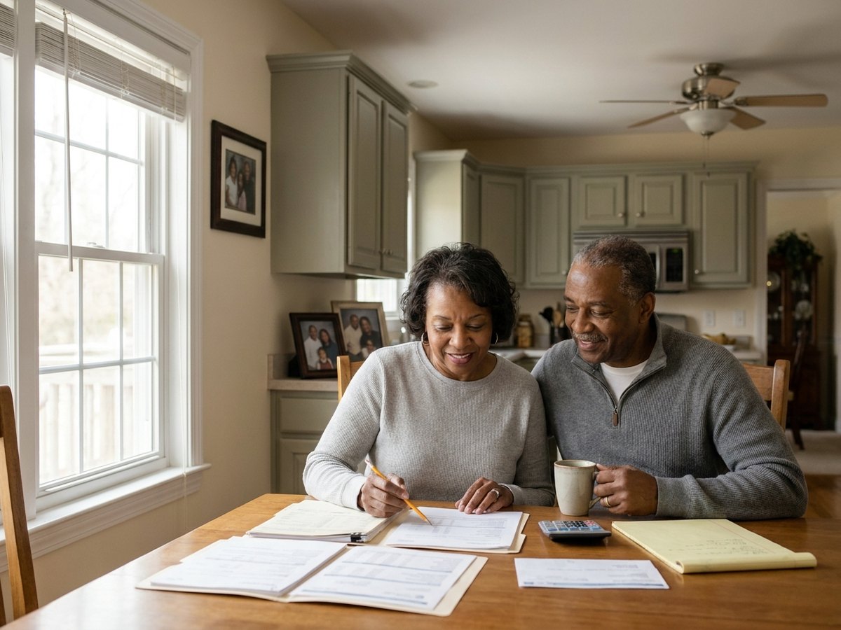 Older couple reviewing finances at dining table