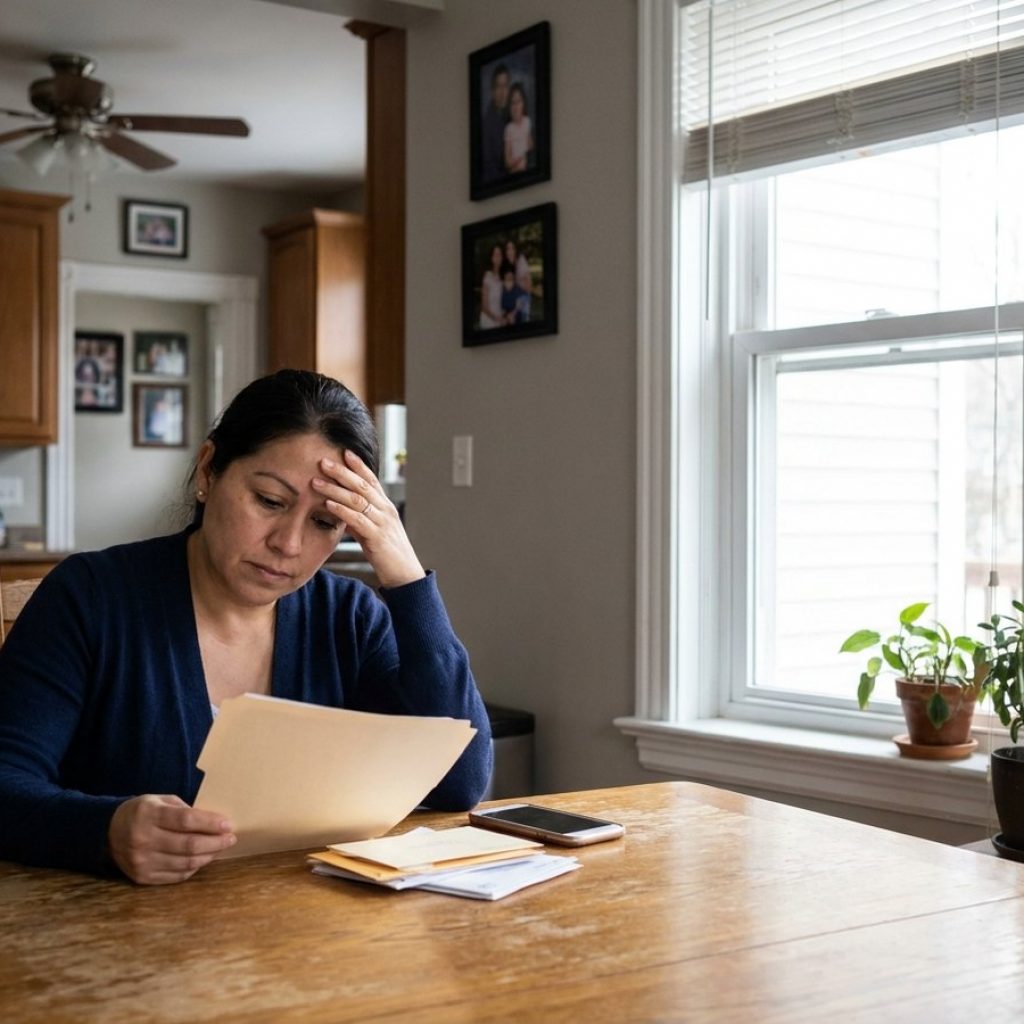 Adult daughter facing paperwork alone at home