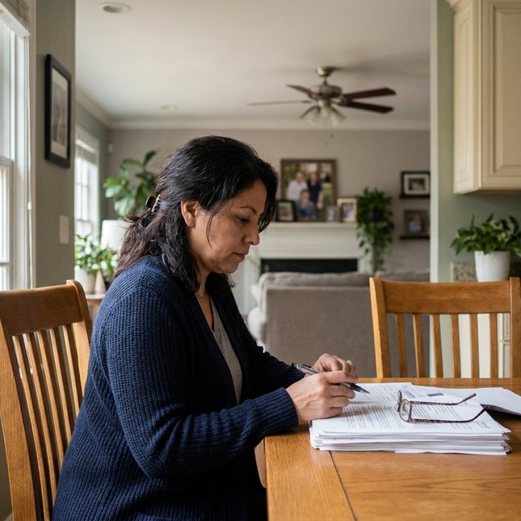 Daughter pausing over nursing home admission paperwork