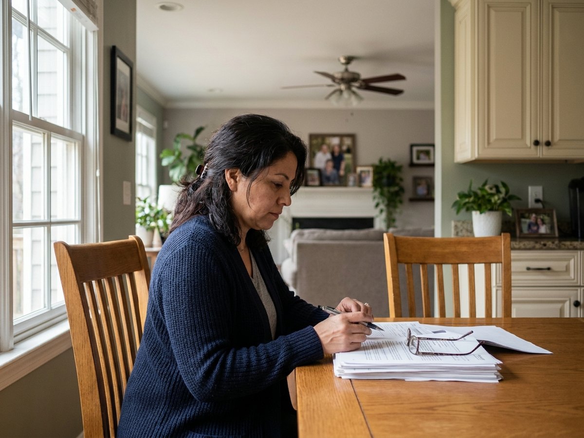 Daughter pausing over nursing home admission paperwork