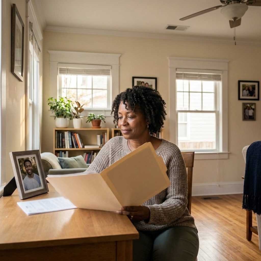 Mother reviewing planning documents beside family photograph
