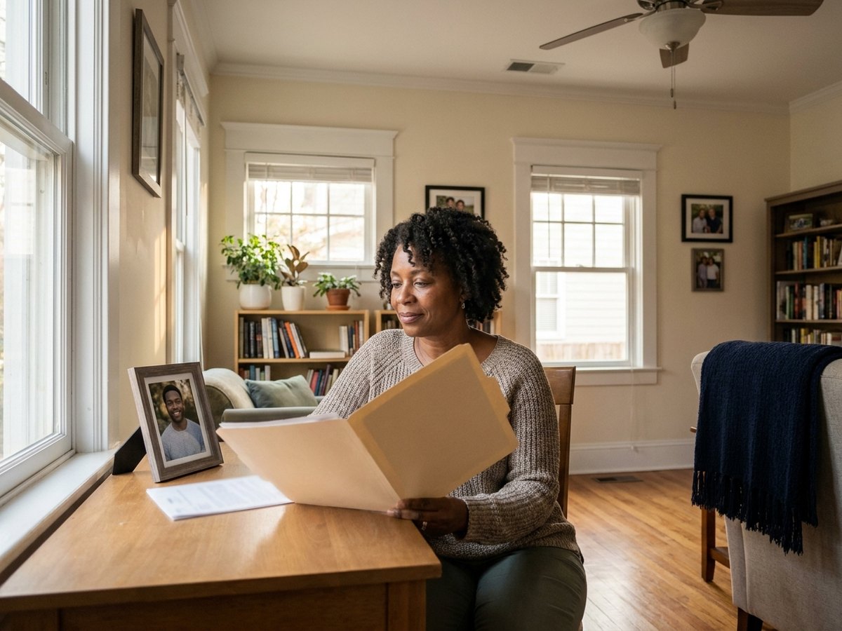 Mother reviewing planning documents beside family photograph