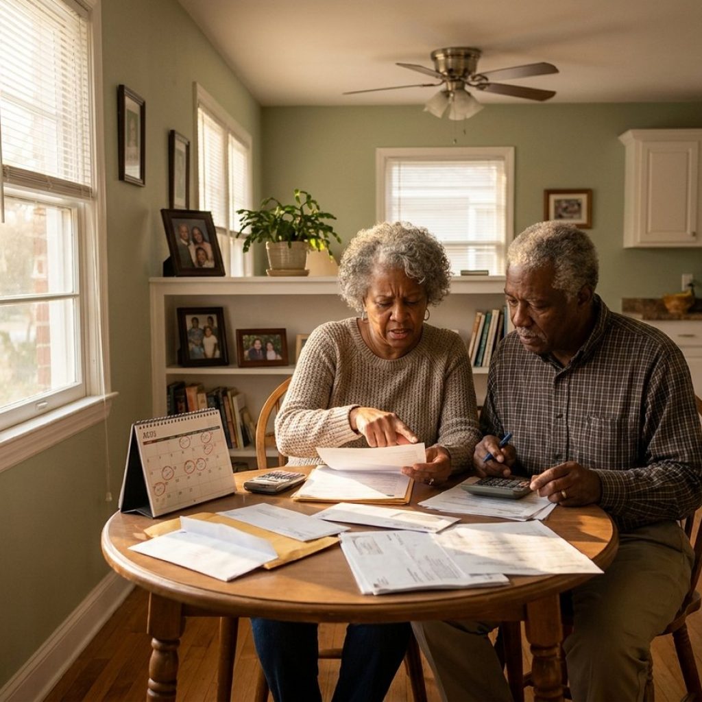 Older couple reviewing financial documents at table