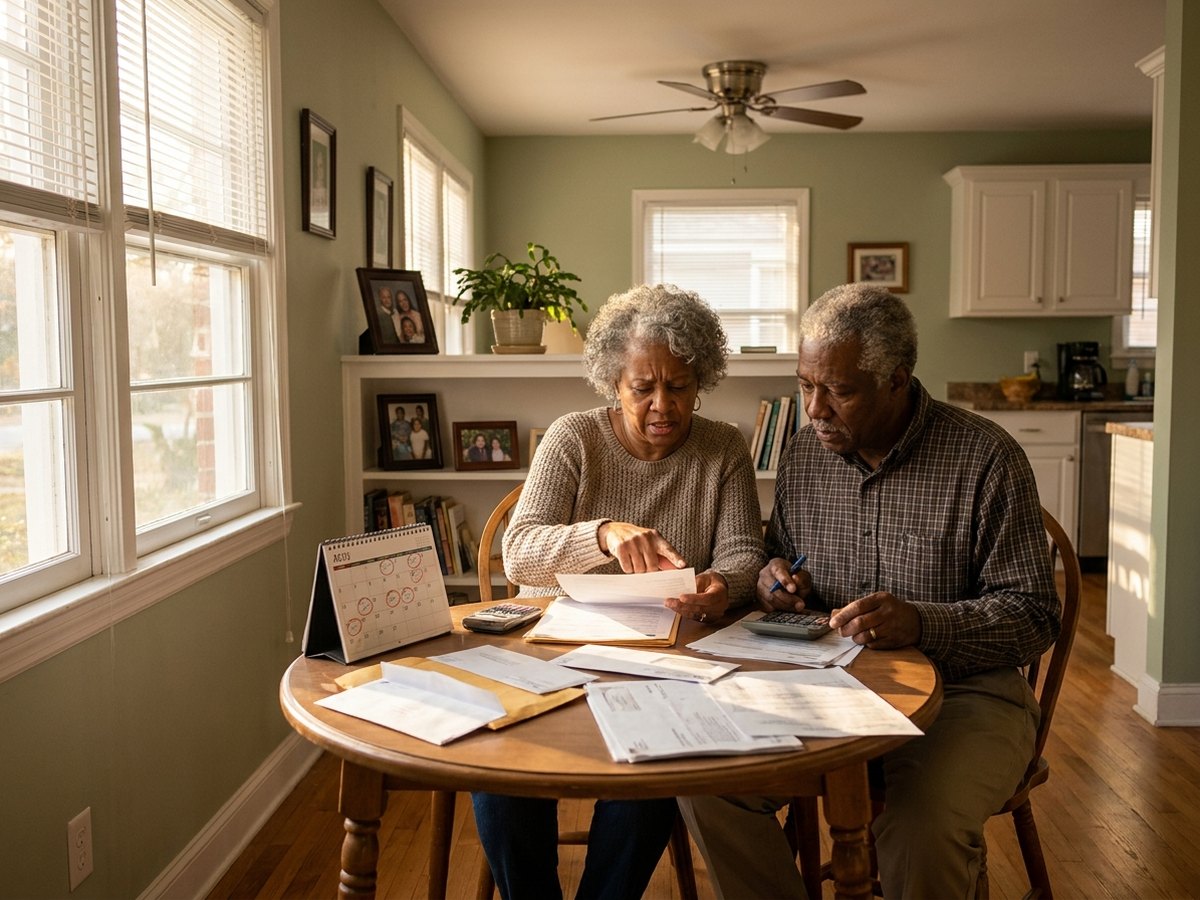 Older couple reviewing financial documents at table