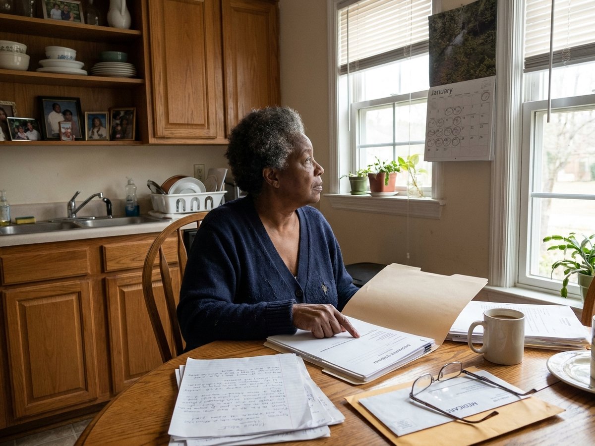 Woman reviewing hospital discharge papers at table