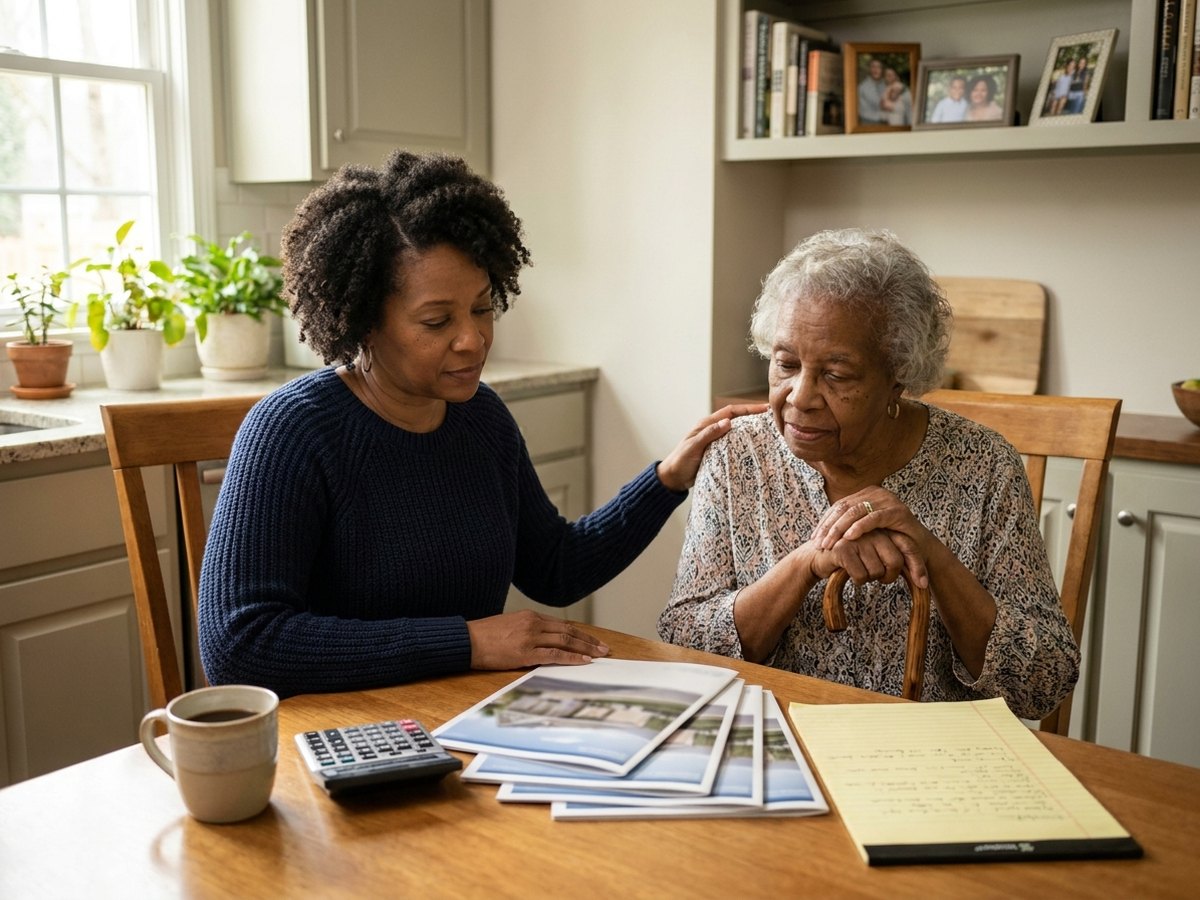 Daughter and mother reviewing care facility brochures together