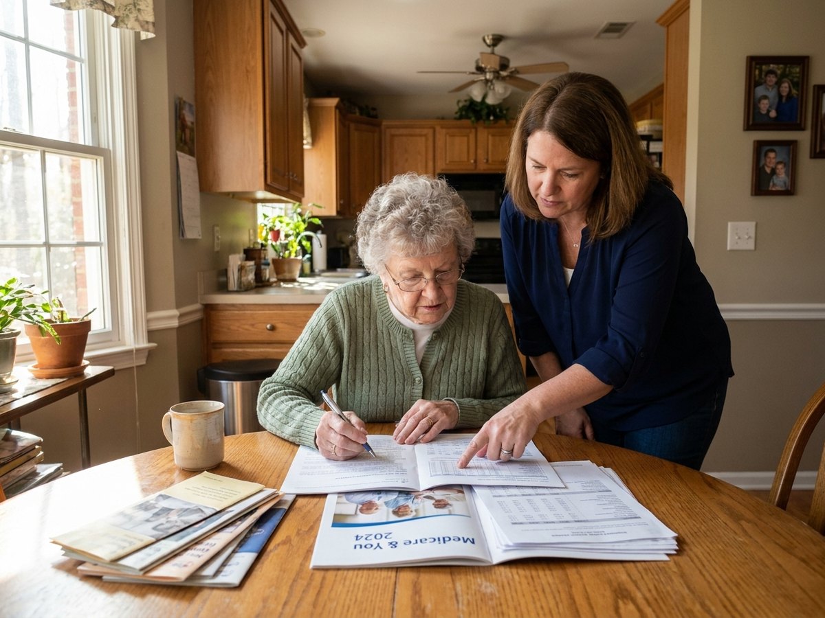 Mother and daughter reviewing Medicare enrollment paperwork together