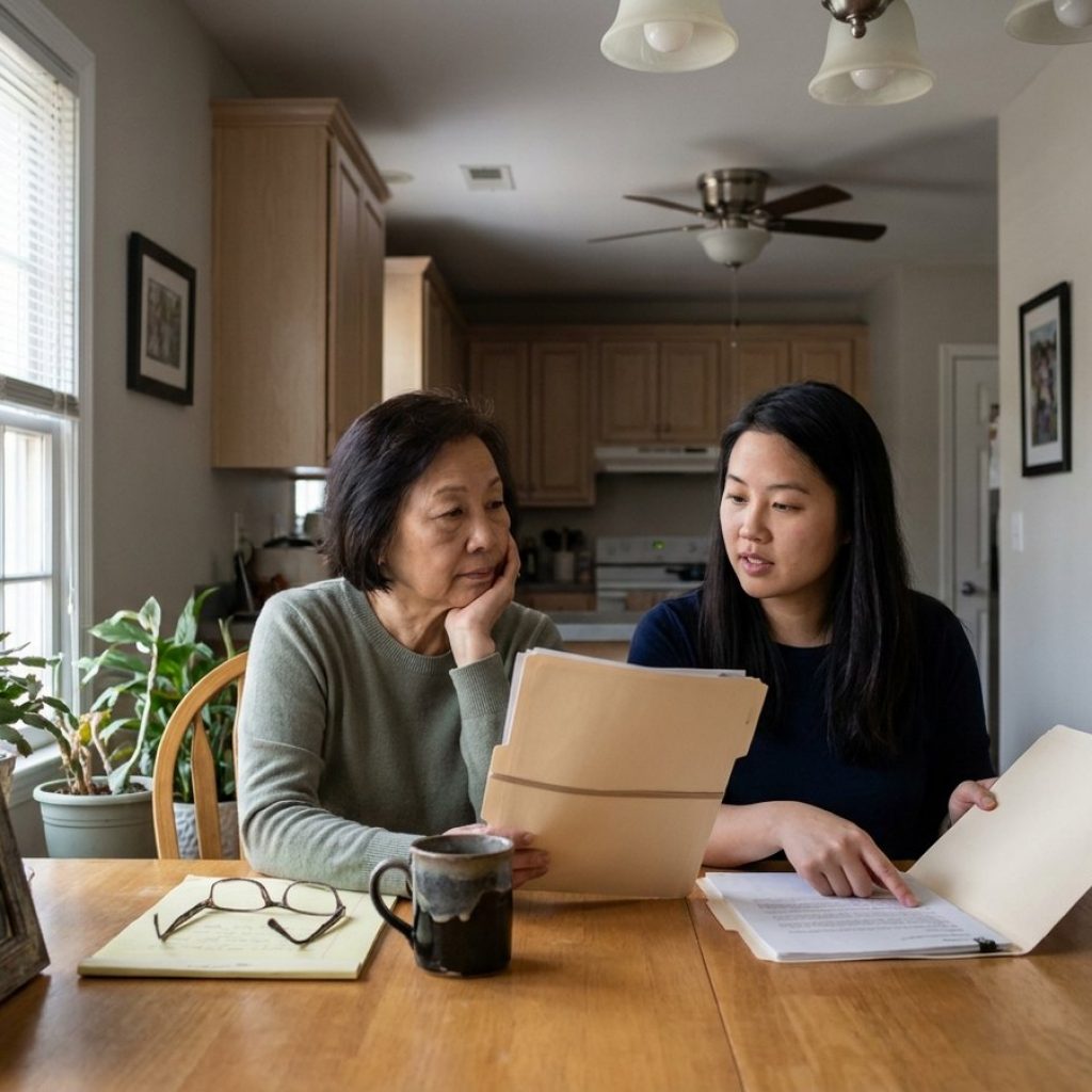 Mother and daughter reviewing two trust folders
