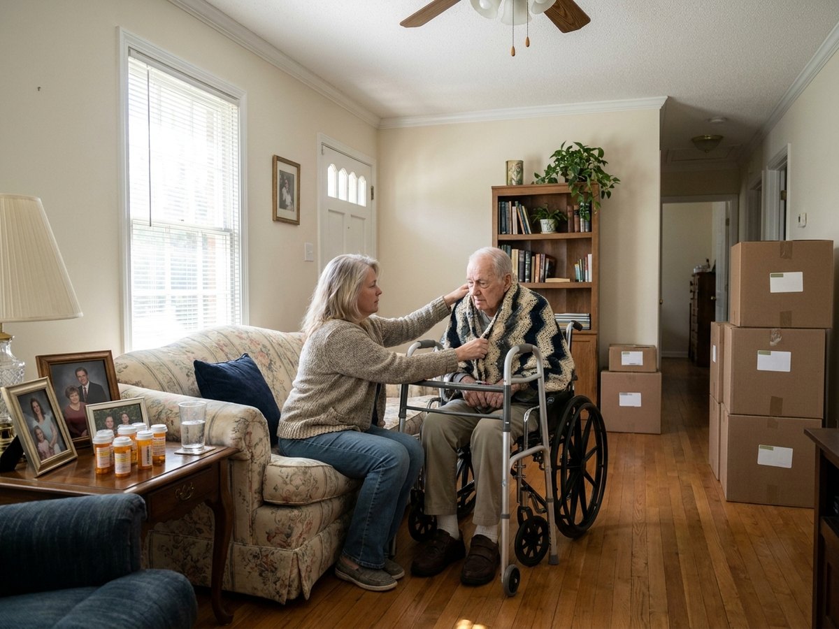 Adult daughter caring for elderly father at home