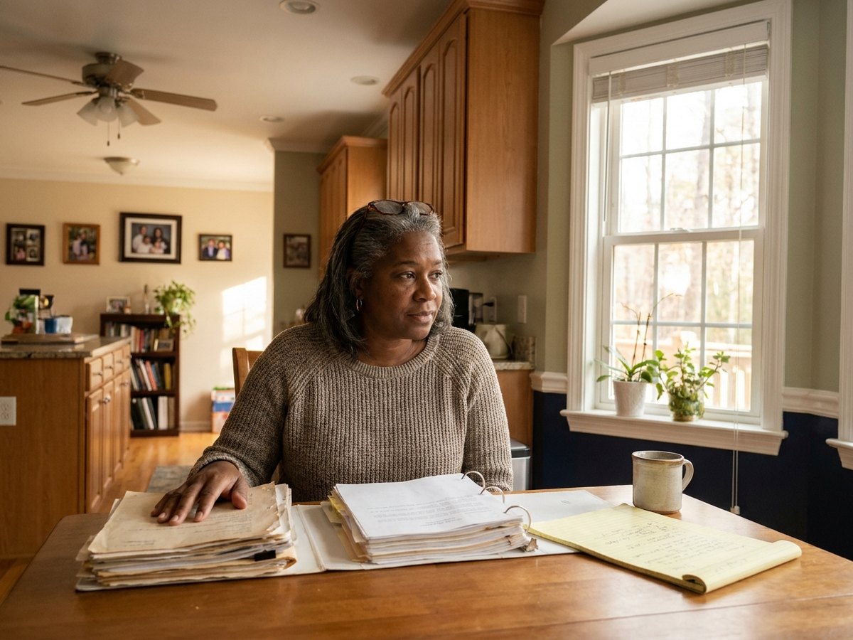 Woman reviewing trust binder with unattached property deeds